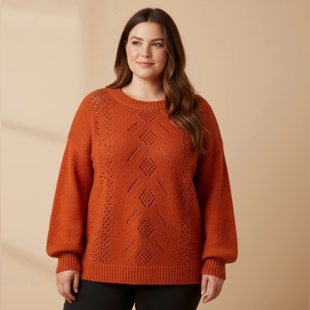 MTL 1980 Orange Knit Size 1X‎ Pullover Sweater with Eyelet Details